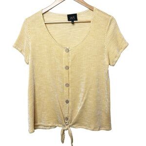 W5 Boutique Yellow White Stripe Knit Button Up Tie Front Short Sleeve Top Womens